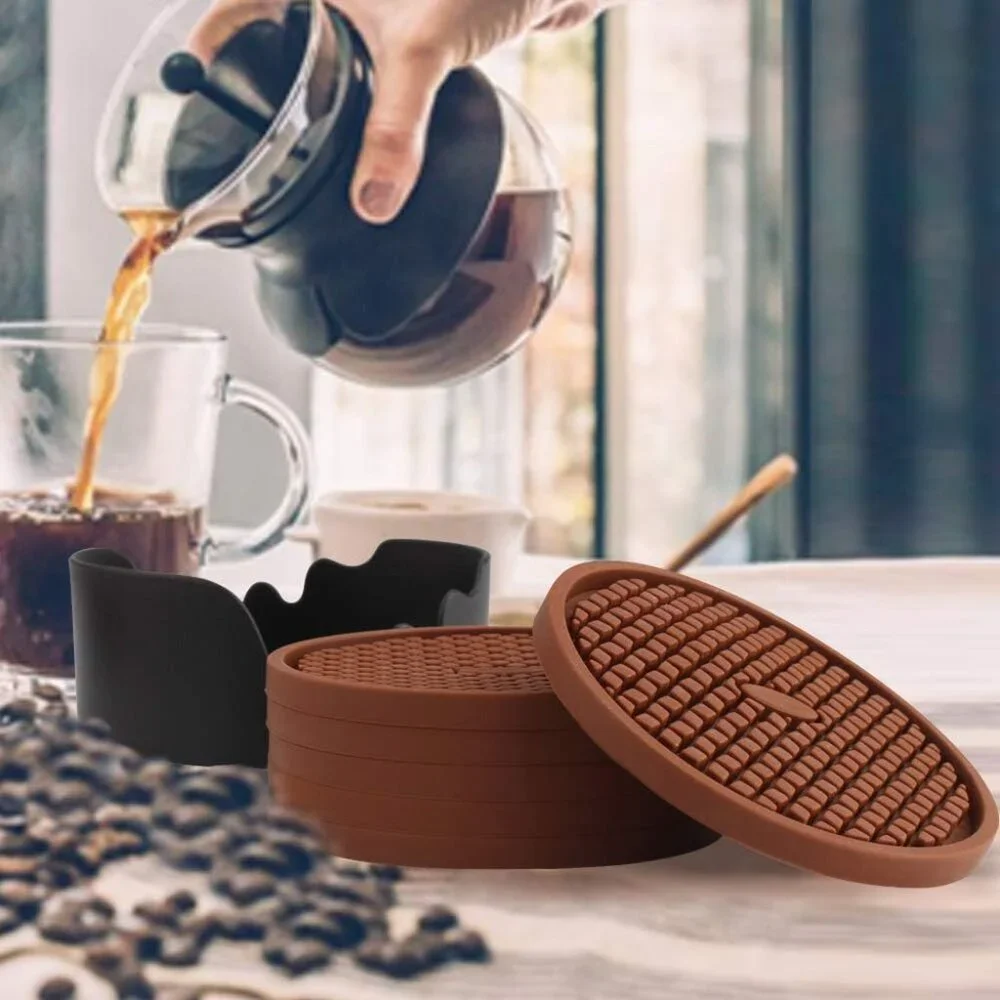 Silicone Coasters [6 Pack] Thickened Drink Coasters with Holder - Cup Mat - Non-